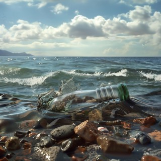 Plastic bottle floating in the sea near the rocky shore, waves in the background, pollution,