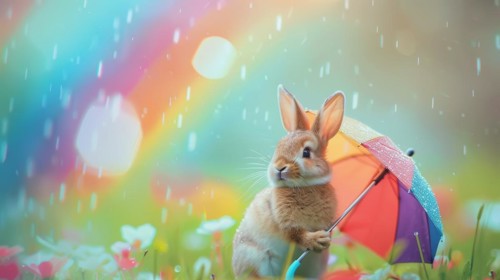 A tranquil rabbit experiencing the refreshing rain under an umbrella in a dreamlike meadow, AI