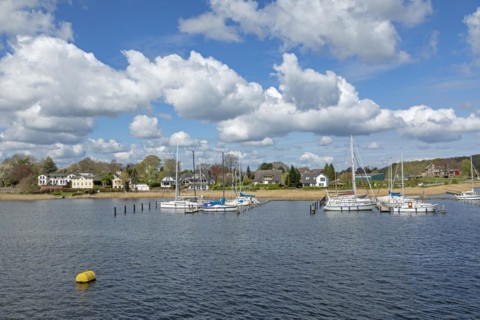 Clouds, houses, marina, Lindaunis, Schlei, Schleswig-Holstein, Germany, Europe