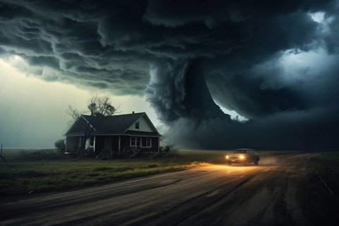 Disaster catastrophe storm concept, tornado in a field in the USA with wooden house and car on road