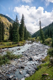 Green mountain valley with river and steep mountain peaks, Chong Kyzyl Suu Valley, Terskey Ala Too,