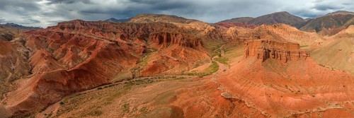 Panorama, gorge with eroded red sandstone rocks, Konorchek Canyon, Boom Gorge, aerial view,
