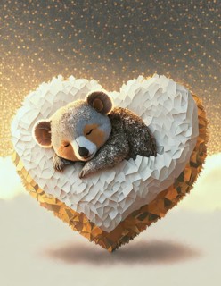 Adorable bear cub dozing on a geometric heart, exuding warmth and tranquility, AI generated
