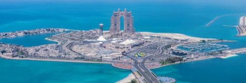 UAE, United Arab Emirates, Abu Dhabi waterfront downtown marina and coastal panorama and skyline,