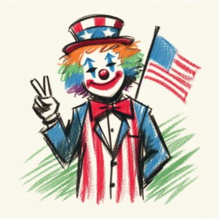 A clown wearing an Uncle Sam hat holds an American flag and makes a peace sign, AI generated