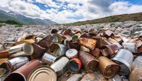 Symbol photo, many empty tin cans, partly crushed, rusty, dirty, lying in the landscape, AI