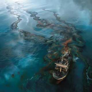 A large ship leaving a trail of oil in the blue ocean, under a dramatic sky, oil spill,