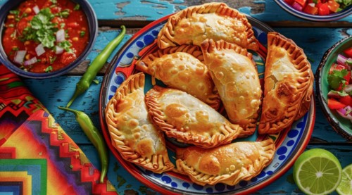 Tasty empanadas on a plate with colorful Mexican cloths as a background. National mexican food, AI