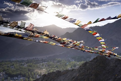 Panorama from Tsenmo Hill over Leh and the Indus Valley to Hemis National Park with Stok Kangri,