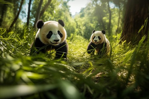 Cute panda cubs in a lush bamboo grove, The image showcases the beauty and serenity of nature and