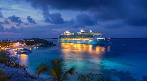 A large cruise ship docked near popular vacation resort. The scene is serene and relaxing, with the