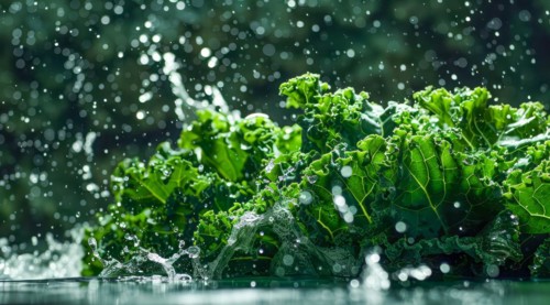Fresh bunch of green kale floating in water. A concept of vegetarian lifestyle and vegetarian diet,