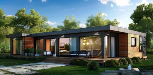 A large private house villa with a pool and a garden. Modern architecture with bright big