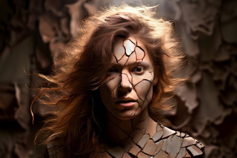 AI generated moody female portrait with cracked terracotta style high textures