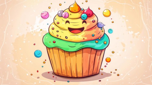 A cheerful animated cupcake with a colorful cream topping, surrounded by bubbles and sprinkles, AI