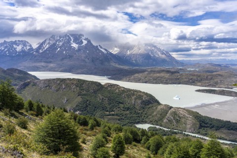 View of Lago Grey with Paine Grande Mountain behind it, Hike to Ferrier lookout, Torres de Paine,