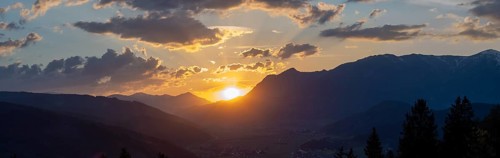 Sunset over the Liesingtal, in the evening light the village Kraubath, Schoberpass federal road,