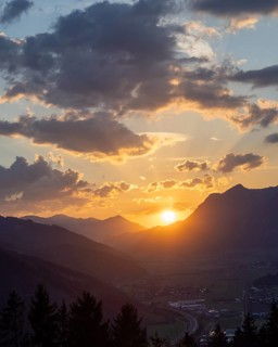 Sunset over the Liesingtal, in the evening light the village of Traboch, Schoberpass federal road,