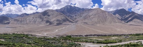 Panorama from Spituk Monastery across the Indus Valley to the Indian Himalayas, Ladakh, Jammu and