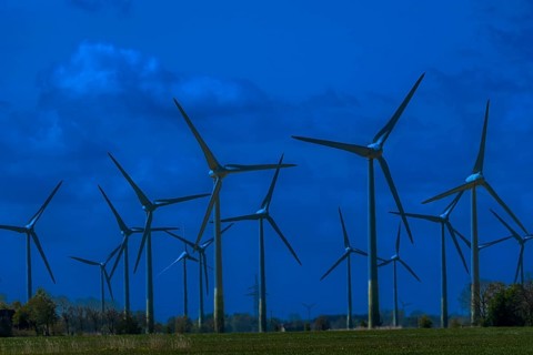 Wind turbines in the Luetetsburg wind farm on the North Sea coast, Hagermarsch, East Frisia, Lower