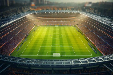 Aerial bird eye top view of a soccer football field stadium, AI generated