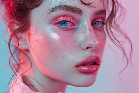 Portrait of beautiful young woman with doll-like features and pink makeup. KI generiert, generiert,