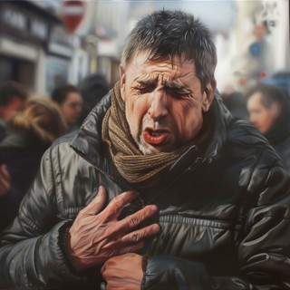 A man seems to feel pain in the middle of a crowd, AI generated