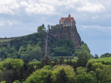 Forest edge, Riegersburg Castle in the background, Styrian volcanic country near Riegersburg,