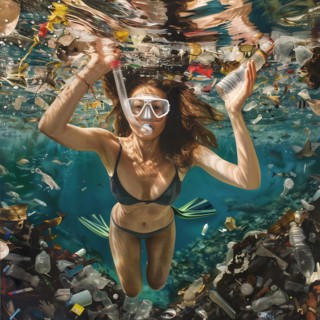 Underwater shot of a worried woman swimming in a sea of rubbish, AI generated