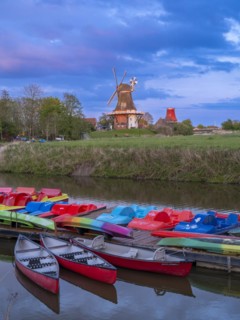The Greetsiel twin mills, in front boats in the new Greetsieler Sieltief, Greetsiel, Krummhoern,