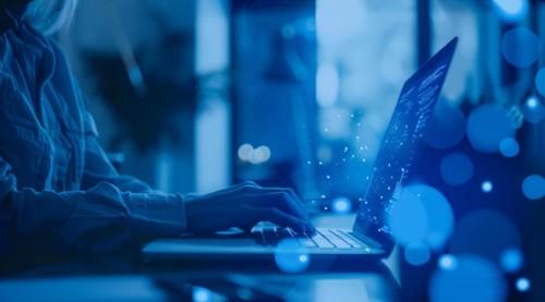 Concept of productivity. Businessman uses laptop to analyze marketing and productivity data, AI