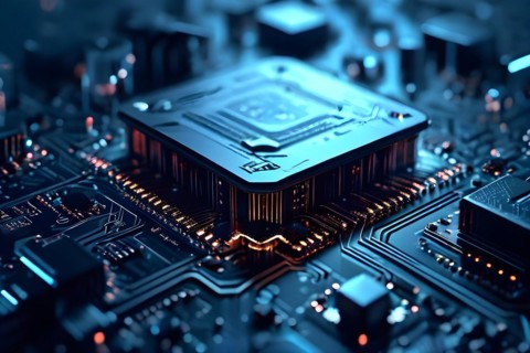 AI generated close up of a computer board featuring a prominent microchip