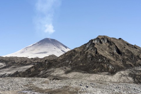 Ash covered Pichillancahue glacier, Villarrica Volcano, Villarrica National Park, Araucania, Chile1