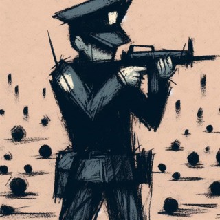 Stylized noir detective character holding a gun in a vintage setting, AI generated