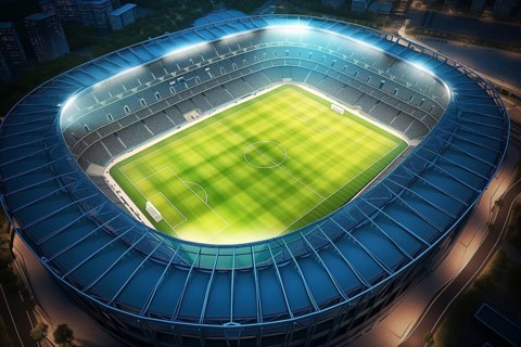 Aerial bird eye top view of a soccer football field stadium in night, AI generated