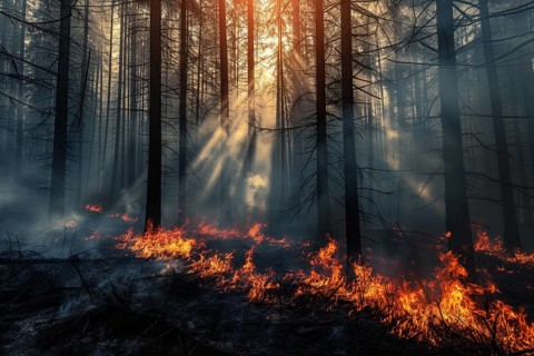 A forest wildfire is raging through a wooded area. Trees are on fire and flames are spreading
