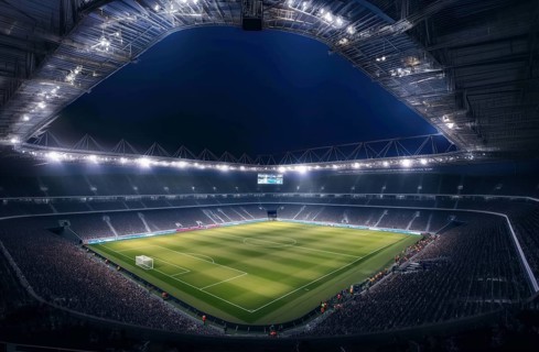 A soccer field with a large crowd of people spectators fans watching the game in evening. The