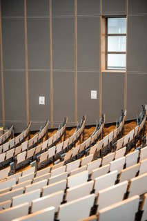 Rows of seats in an empty lecture theatre, interior photo, Department of Mechanical Engineering,