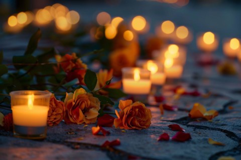 Memorial with candles and flowers in street. KI generiert, generiert, AI generated
