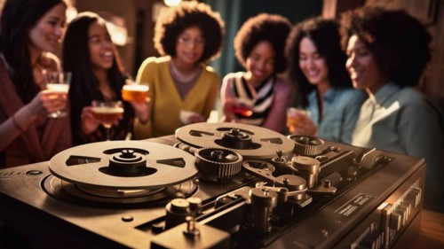 Vintage reel-to-reel tape recorder at a party with people holding drinks in the background, AI