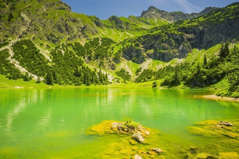 Lower Gaisalpsee, behind it the Nebelhorn, 2224m, Allgaeu Alps, Allgaeu, Bavaria, Germany, Europe