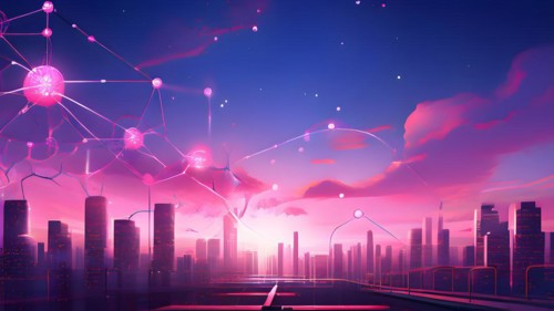 Ai generated conceptual illustration of a neuronal network with city skyline in the background in