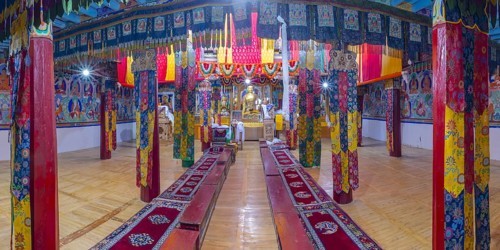 Dukhang, prayer and meeting room, Diskit Monastery, near Hunder, Nubra Valley, Ladakh, Jammu and