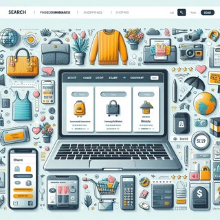 Vibrant illustration showing a laptop screen featuring an e-commerce interface with a variety of
