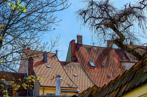 Pointed gable roofs and chimneys, Kaufbeuern, Allgaeu, Swabia, Bavaria, Germany, Europe