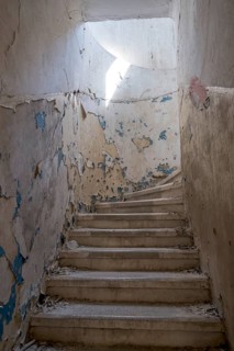 Ruins in the ghost town of Eleousa, staircaseLost Place, Rhodes, Dodecanese, Greek island, Greece,