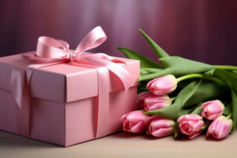Gift Box with Pink Ribbon Beside bouquet of Fresh Tulips on Bokeh Background. Good for Valentine