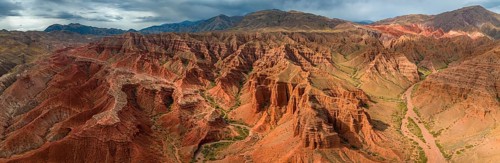Panorama, gorge with eroded red sandstone rocks, Konorchek Canyon, Boom Gorge, aerial view,