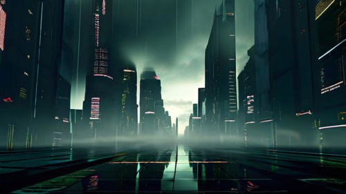 AI generated illustration of a cityscape with skyscrapers and holographic elements in grey and
