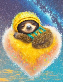 Adorable sloth in a cozy hat cuddling a fluffy heart-shaped cloud surrounded by stars in an